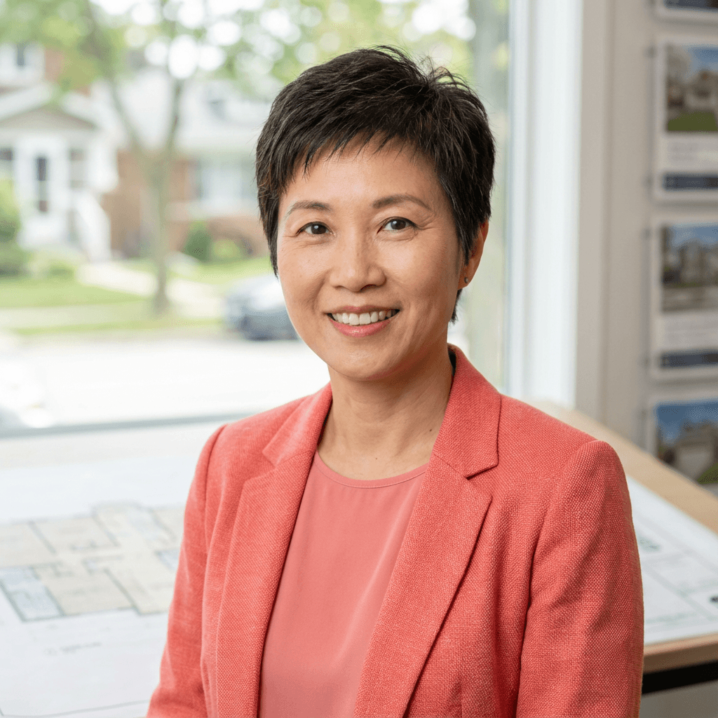 Smiling Asian woman with short hair wearing a coral blazer in a bright office setting.
