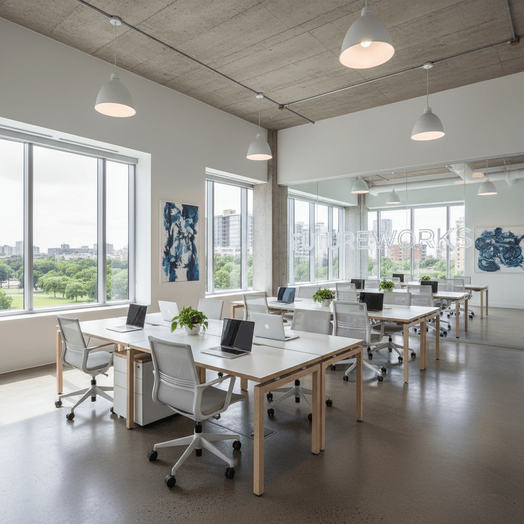 clean bright modern office space with desks and natural light