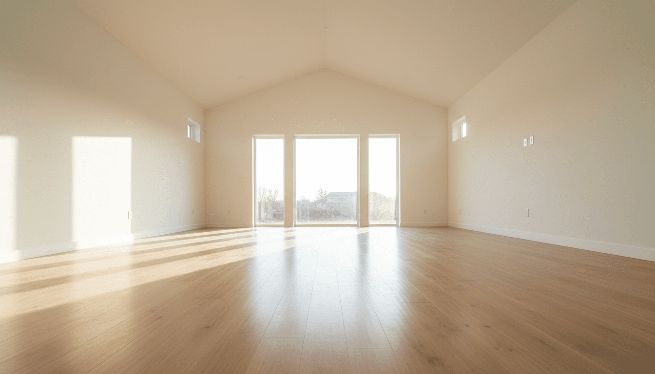 Clean, empty new construction interior with fresh floors and large windows
