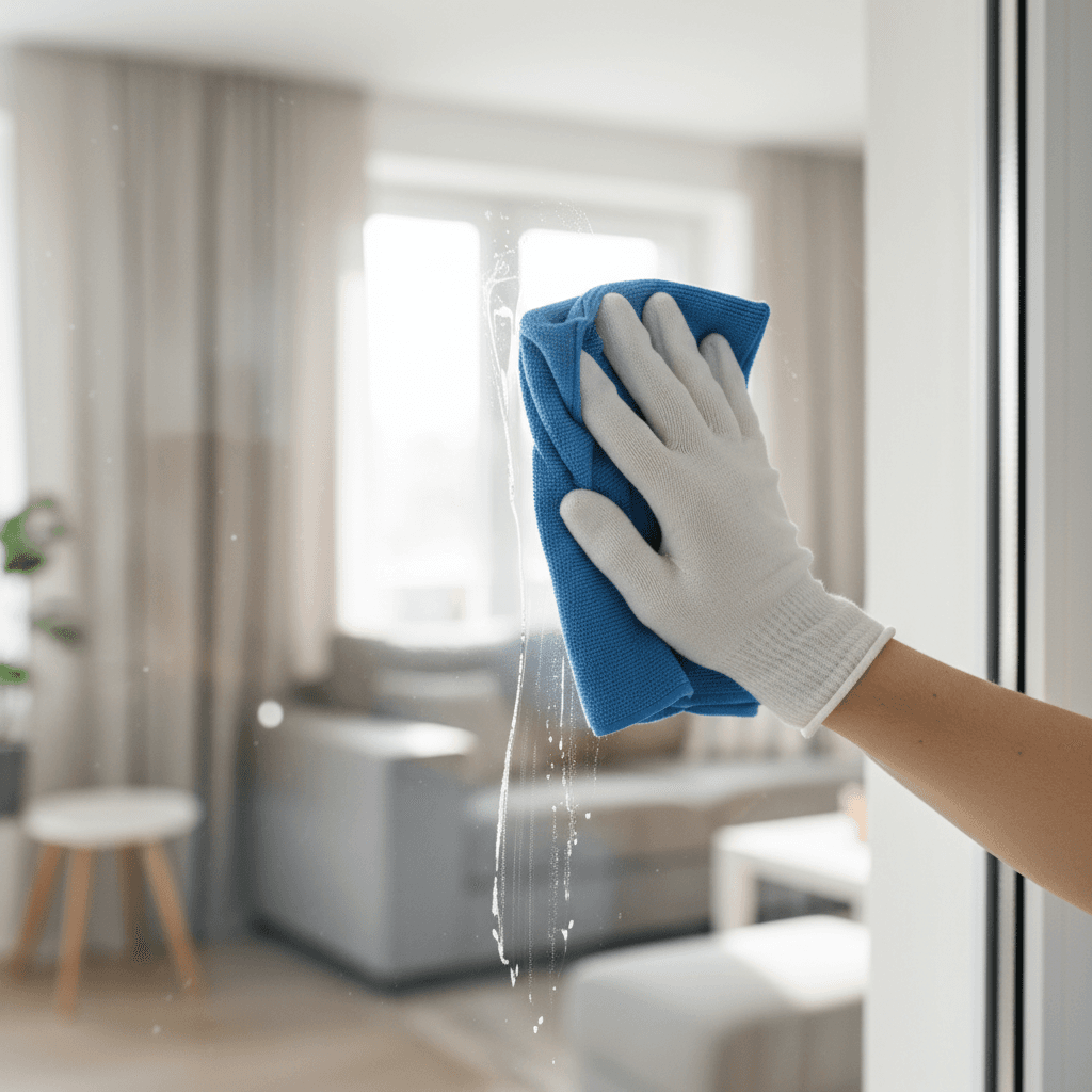 Professional cleaner wiping a window in a bright new construction interior