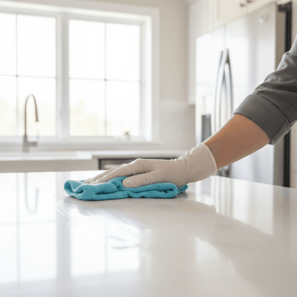 Cleaner in protective gear performing a final clean in a bright new construction home