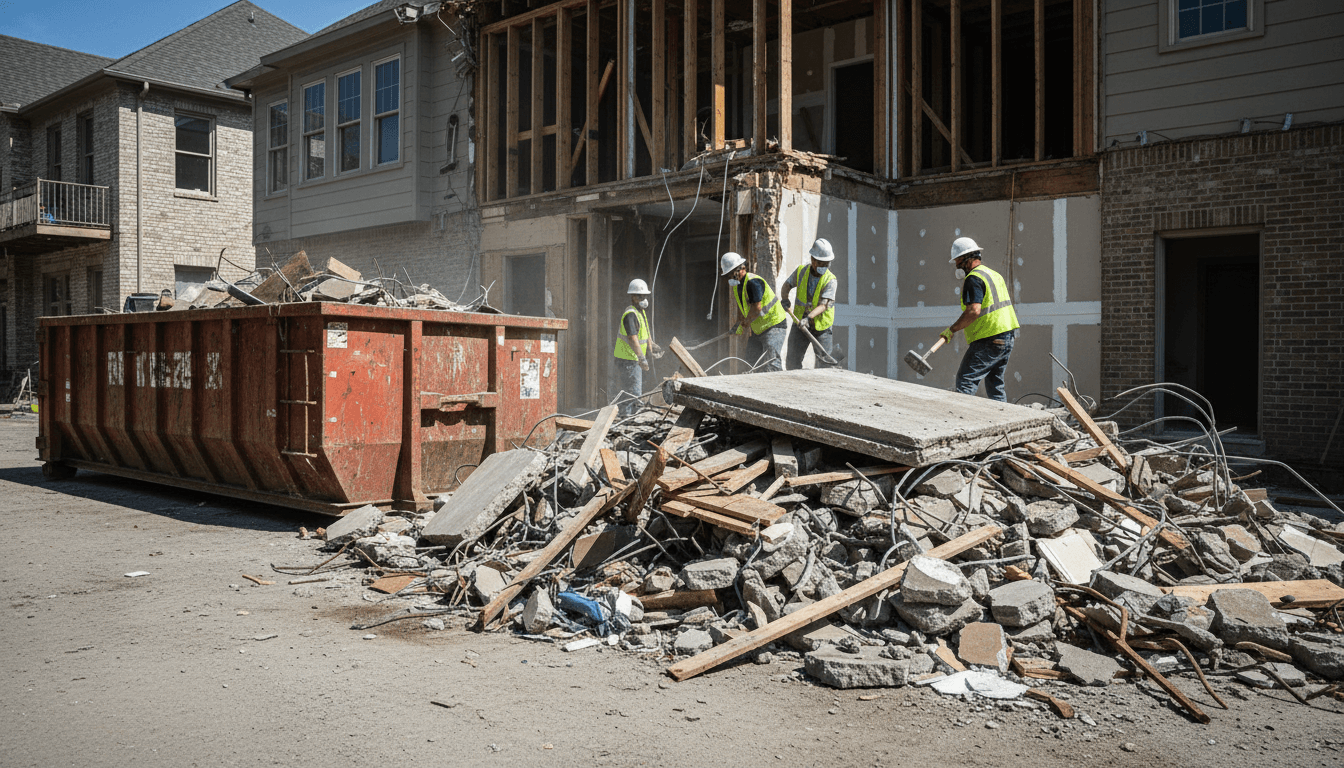 Construction worker in hard hat cleaning debris from a new building site