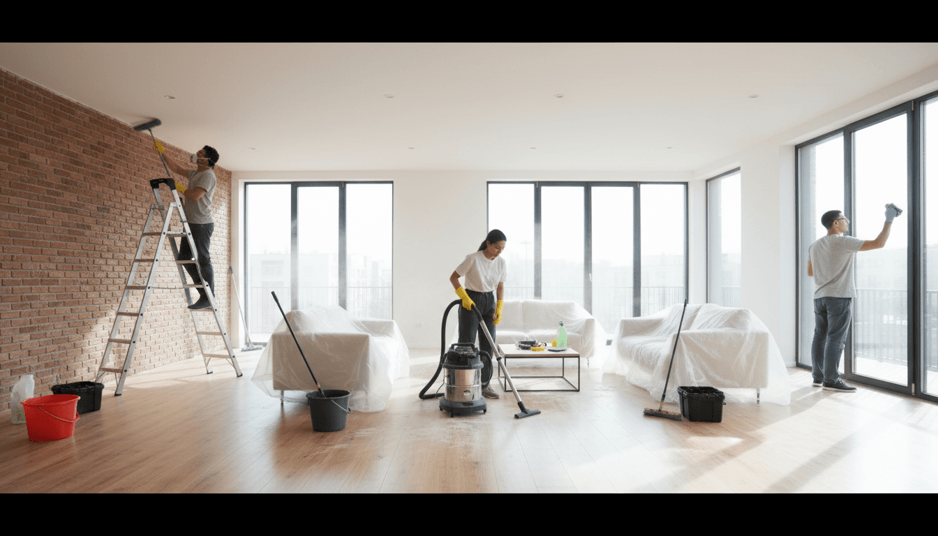 Professional cleaner wiping down surfaces in a bright new construction site