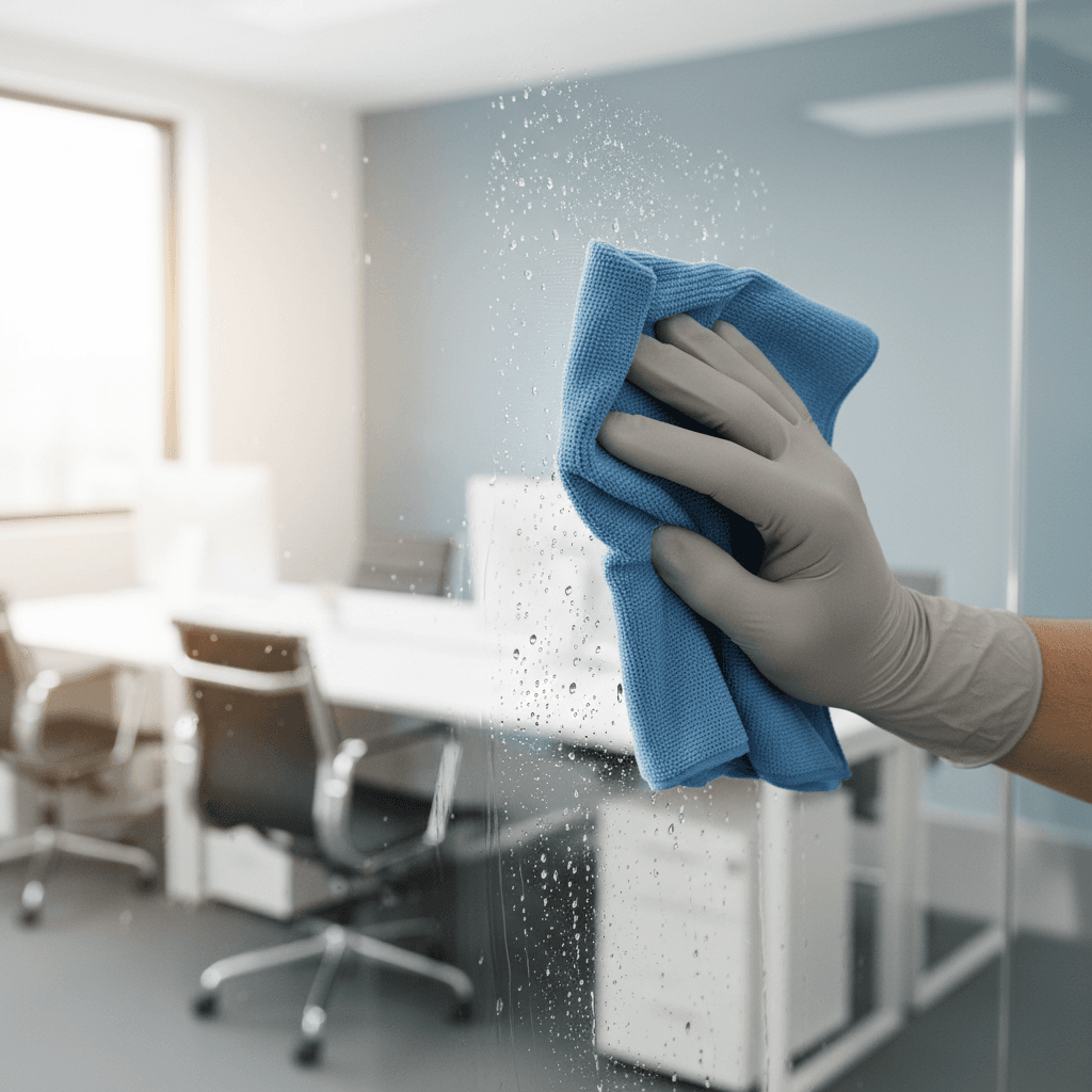 Professional cleaner wiping down large windows in a bright, modern commercial space