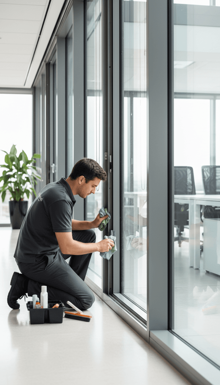 Professional cleaner wiping down an interior window in a bright new construction building