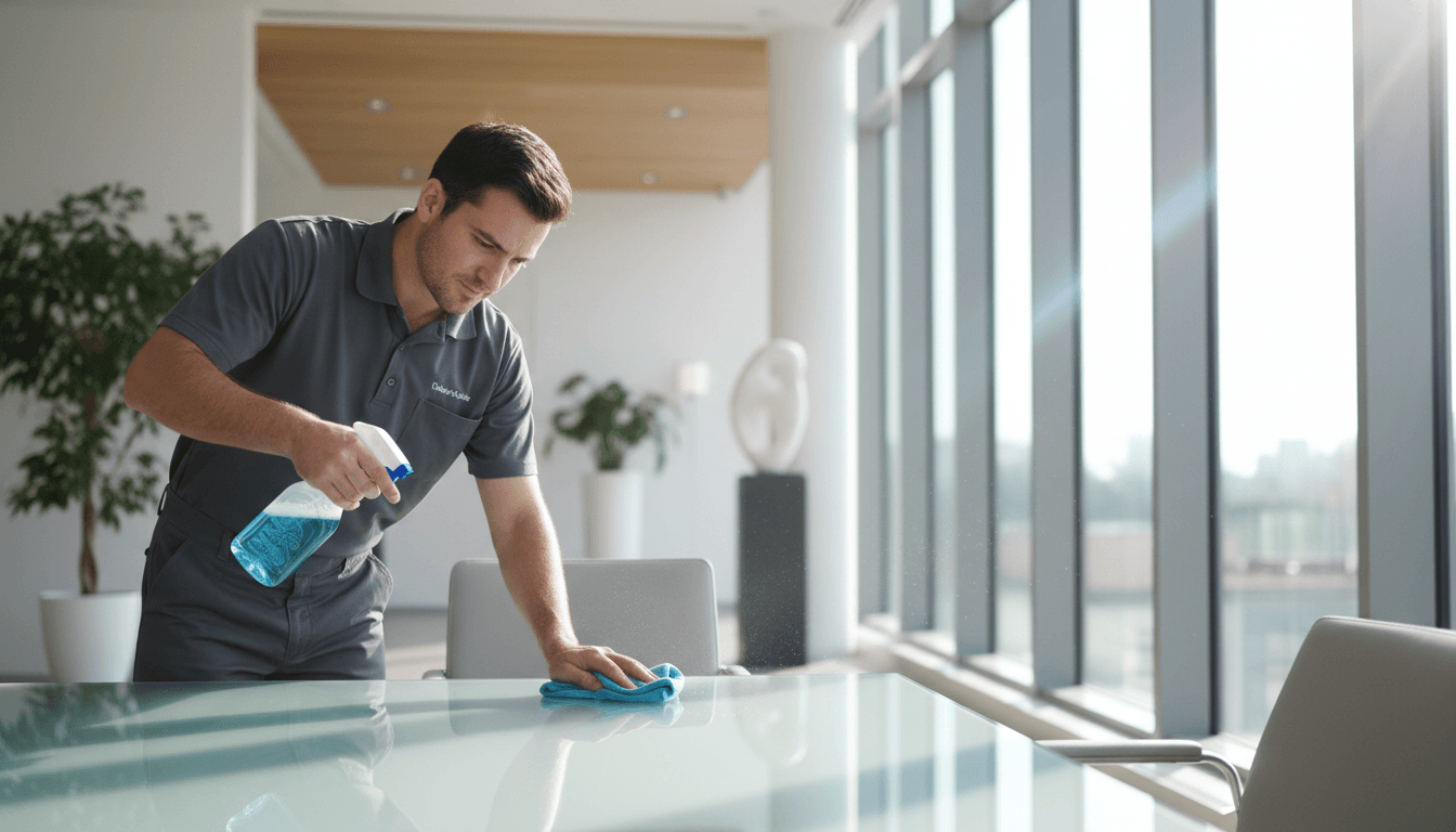 Professional cleaner wiping a surface in a bright commercial space