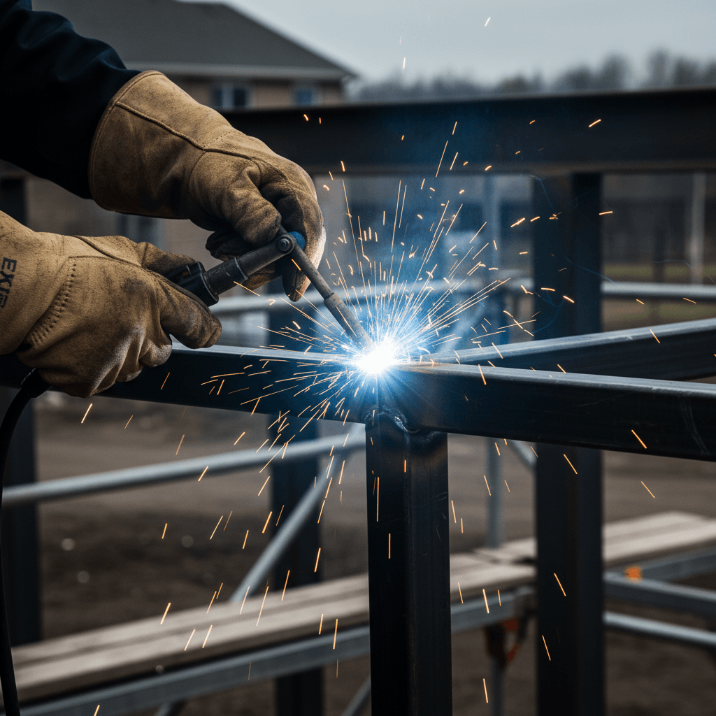 Welder in protective gear welding metal on a construction site