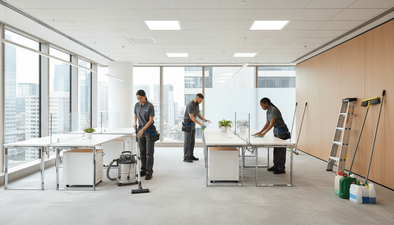 Professional cleaner wiping down a counter in a bright office space
