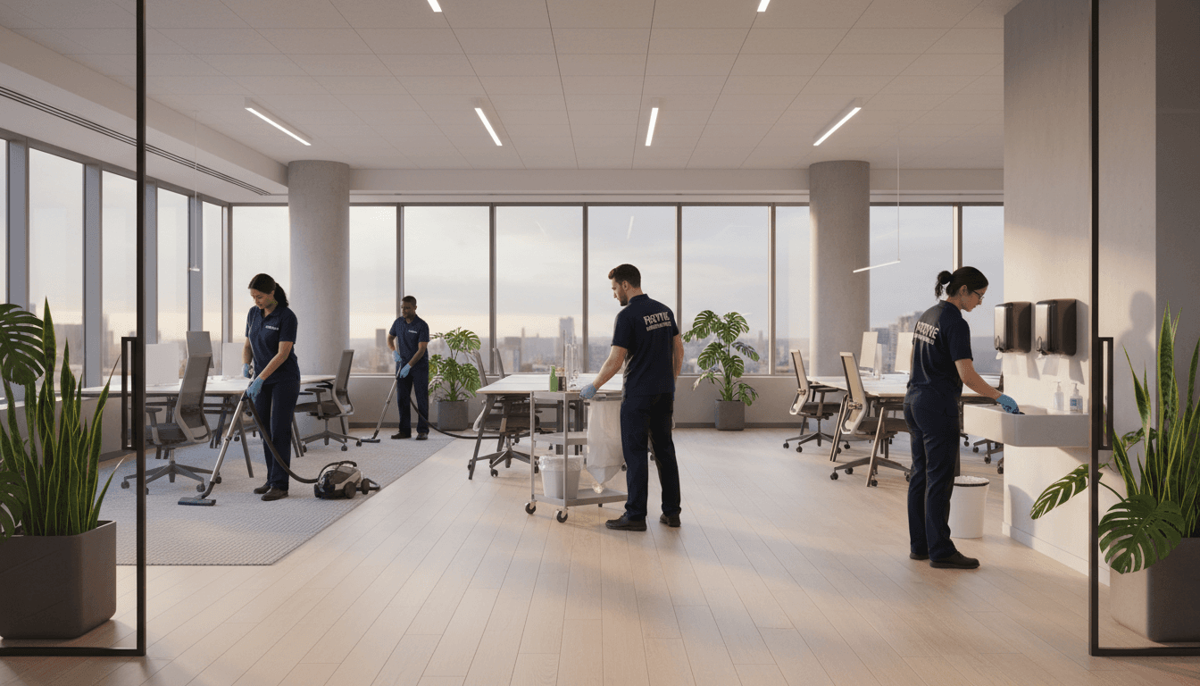 Commercial cleaning team at work in a bright modern office