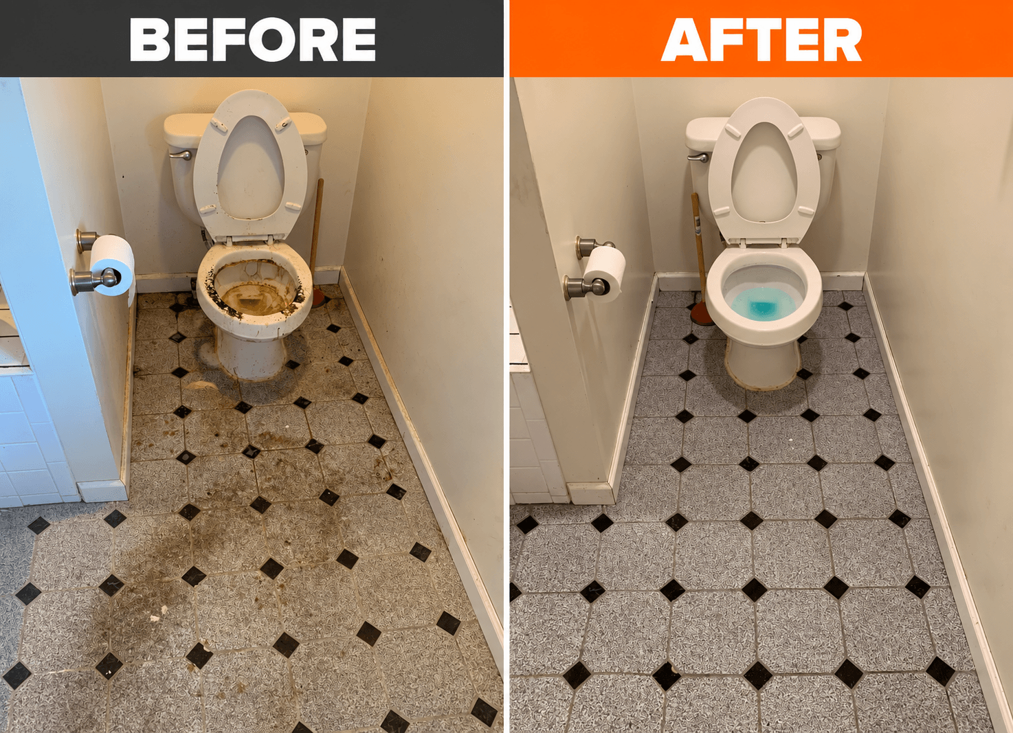 Side-by-side comparison of a dirty toilet and floor before and after deep cleaning.